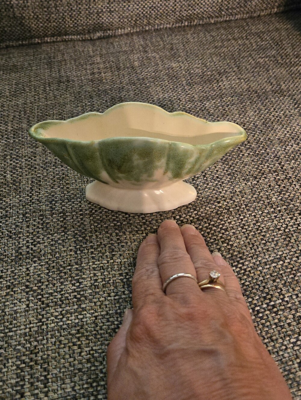 Small Green and Cream Ceramic Pedestal Bowl